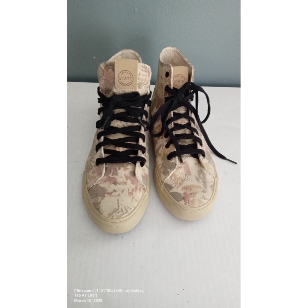 State Footwear High Top Sneaker Botanical Fern Floral Print Tan Black Skate Shoe